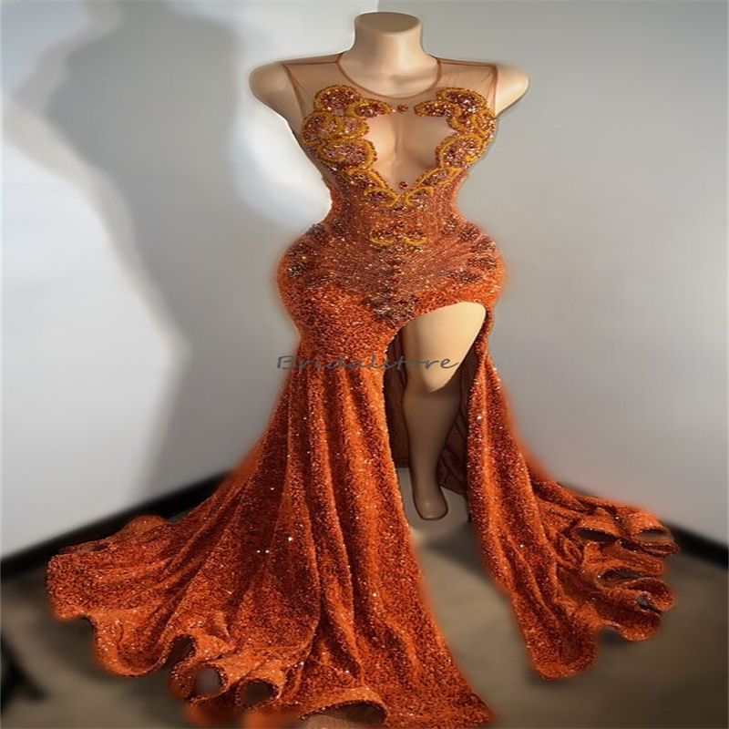 Luxury Sequin Orange Prom Dress For Black Girls Beaded Crystal Birthday Party Dresses Evening Wear With High Slit Court Train Ceremony Shine Robe De M
