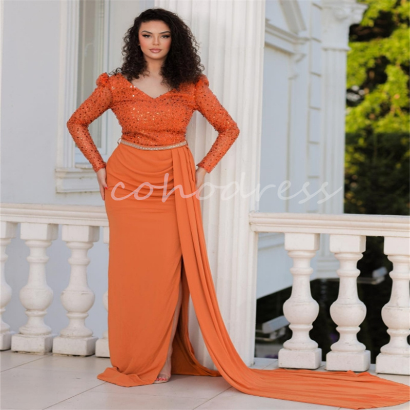 Sparkly Orange Sequin Prom Dress With Train V Neck Long Sleeve Arabic Dubai Evening Dress Charming Mermaid Formal Elegant Plus Size Vestio De Fiesta B