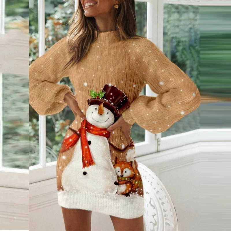 Vintage Christmas Printing Hoodies Dress For Women Fashion Elegant Half High Collar Lantern Long Sleeve Party Dresses Vestidos 241125