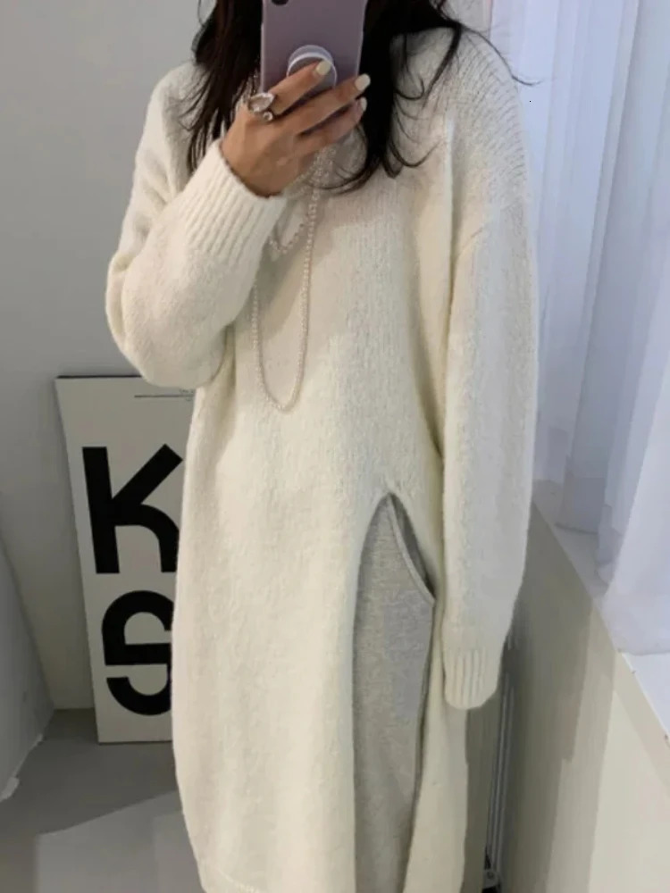 Winter womens dress y2k V-neck sexy ultra-thin elastic loose basic body sweater winter knitted autumn warm long skirt 241125