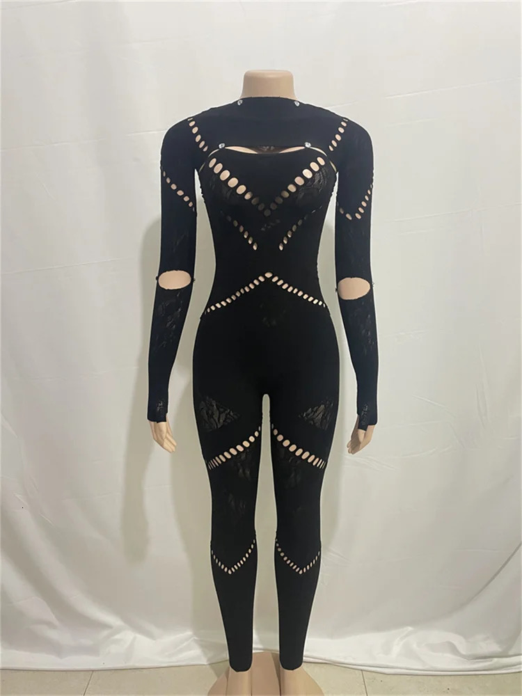 Summer clothing streetwear womens long sleeved tight fitting blue mesh jumpsuit 241125