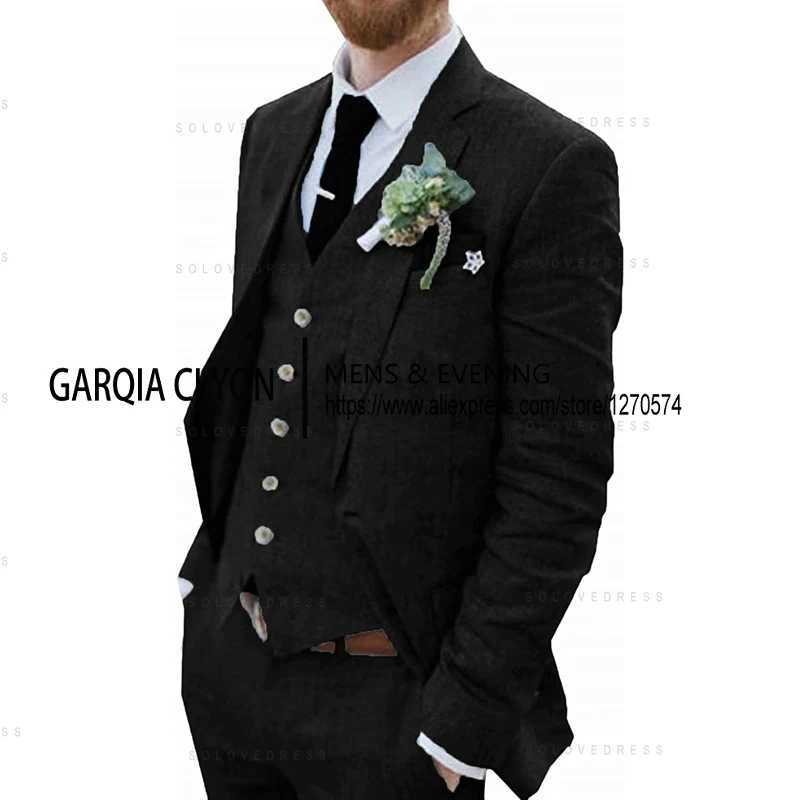 3 Piece Mens Retro Linen Men Suit Beach Wedding Suit Summer Slim Fit Linen Suit Groomsmen For Wedding (Blazer+Vest+Pants) X250704