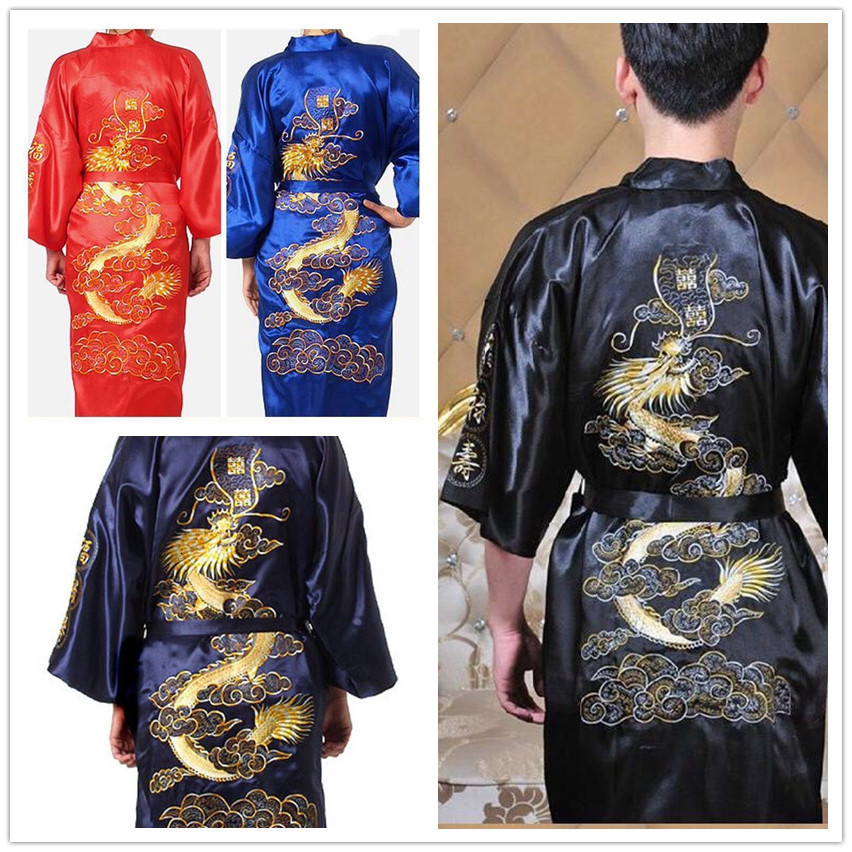 Navy Blue Chinese Mens Satin Silk Robe Embroidery Kimono Bath Gown Dragon Size S M L XL XXL XXXL S0008 240812