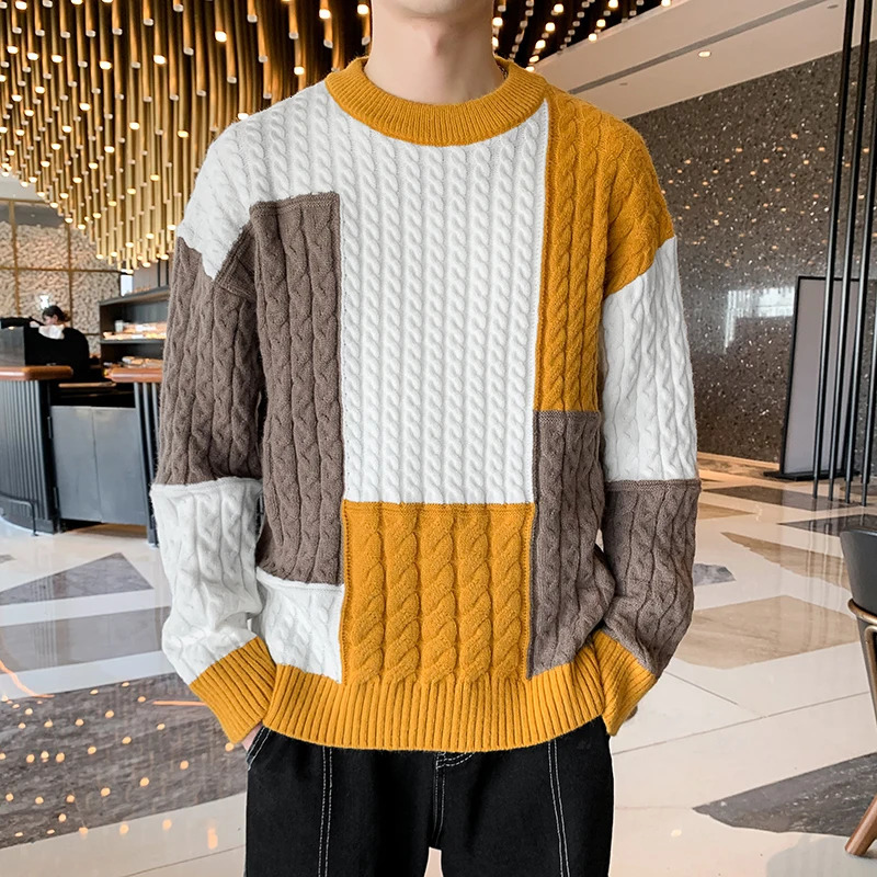 winter fashion patch work loose sweater mens street clothing high-quality mens casual sweater warm knit fleece mens clothing 241126