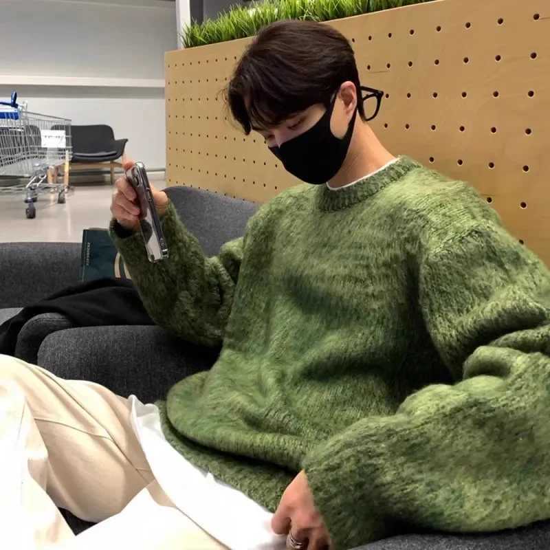 Retro American Angora Mens Green Sweater Autumn Korean Casual Fashion Brand Wool Jacket Crew Collar Zipper W241126