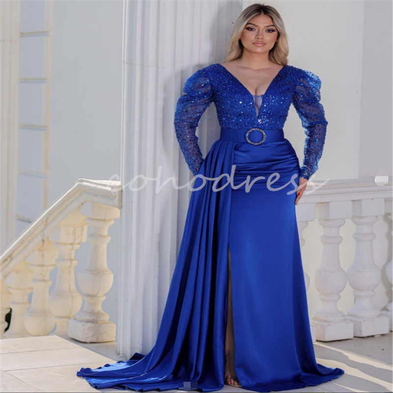 Arabic Pink Dubai Prom Dresses With Slit Plus Size Mermaid Sequin Evening Gowns Long Sleeve Satin Formal Ocacsion Birthday Robes De Soiree