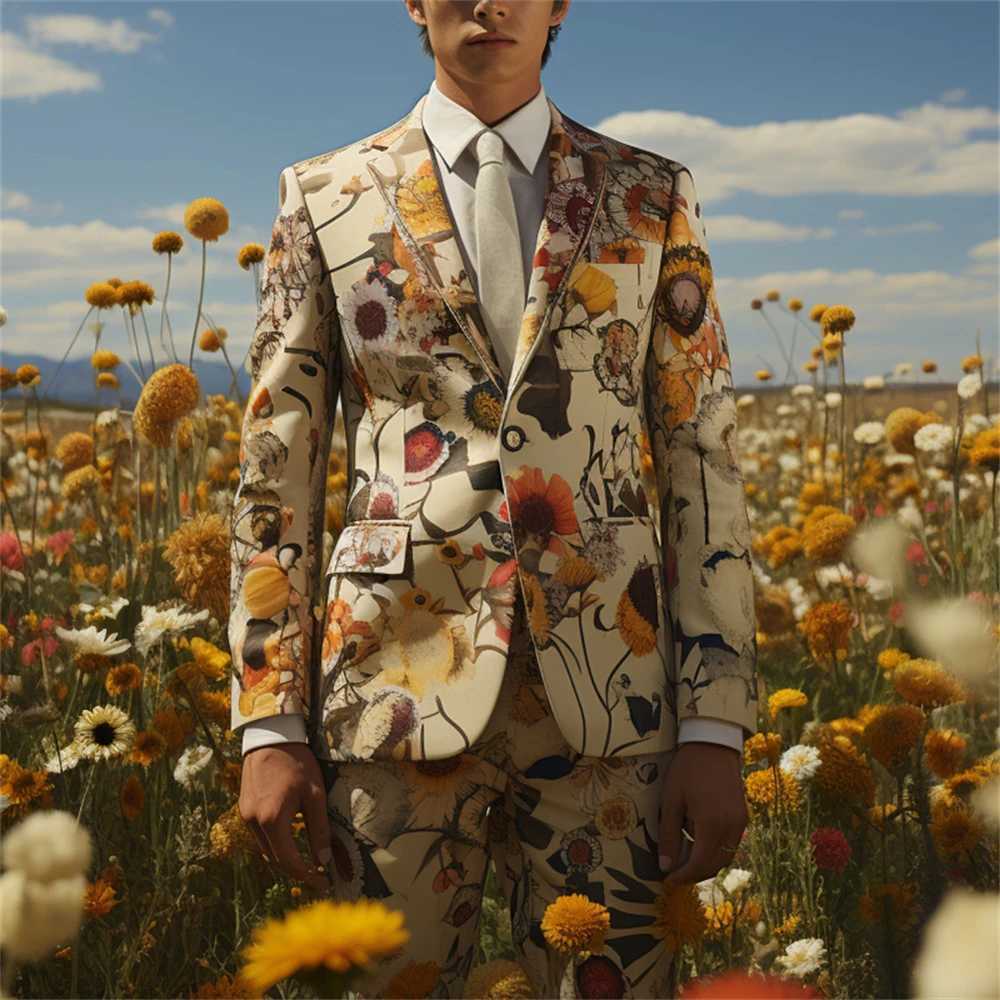 Checkered mens 2-piece set floral print wedding party best mens tailcoat jacket set button plus size X241126