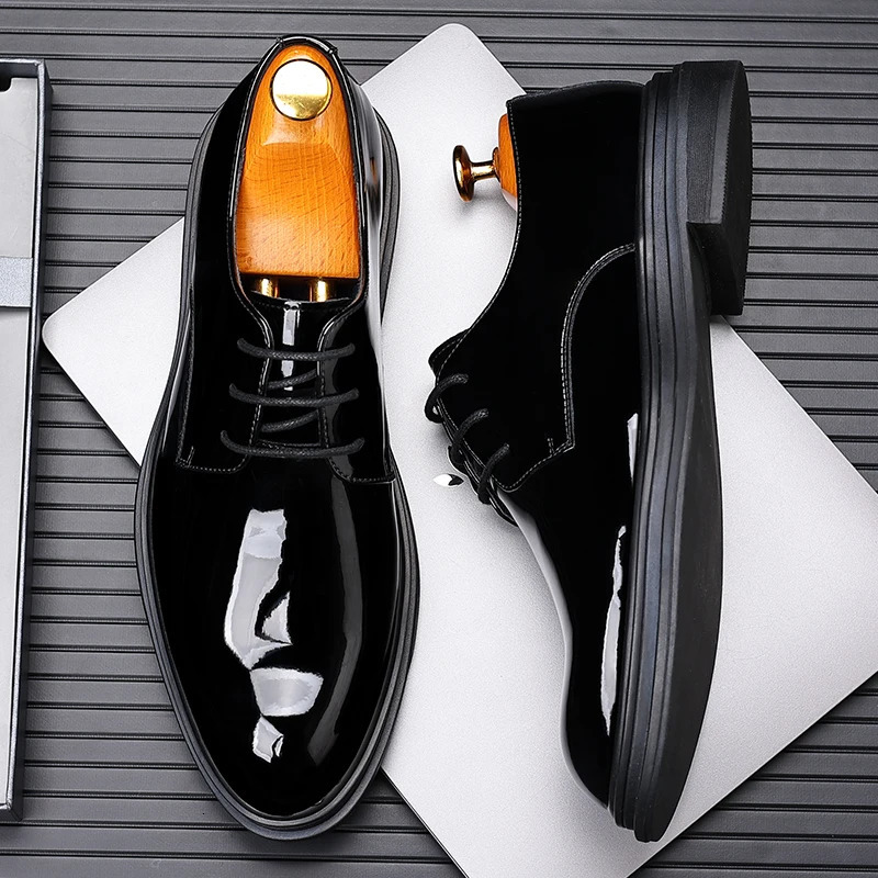 FUQIAO Men 68cm Derby Shoes Patent Leather Height Increase Men Dress Shoes Formal Elevator Business Lift Shoes Bright Upper 241126
