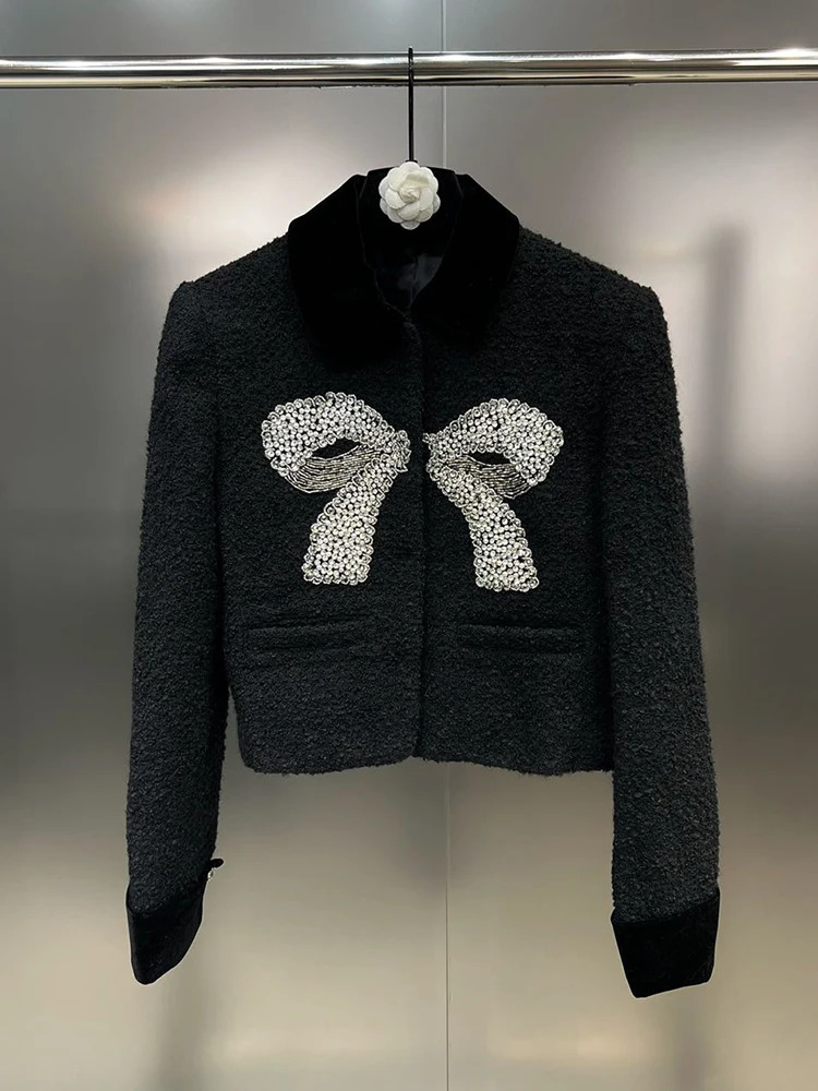 High Streets latest autumn and winter fashion er womens velvet lapel long sleeved diamond stud bow tweed jacket 241125