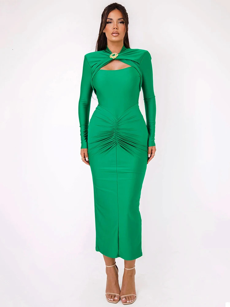 Mozision Hollow Out Long Sleeve Sexy Maxi Dress For Women Gown Autumn Winter Metal Buckle Ruched Slit Elegant 241112