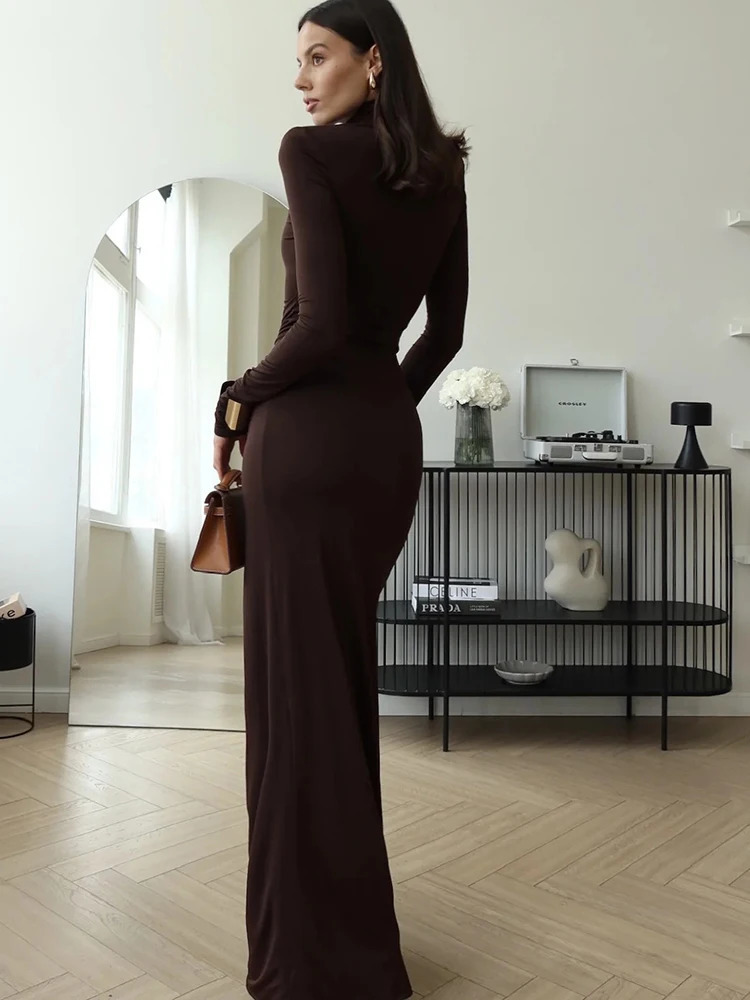 JULISSA MO sexy high seam bandage womens long skirt black turtle neck long sleeved dress womens winter ultra-thin elegant womens clothing 241125