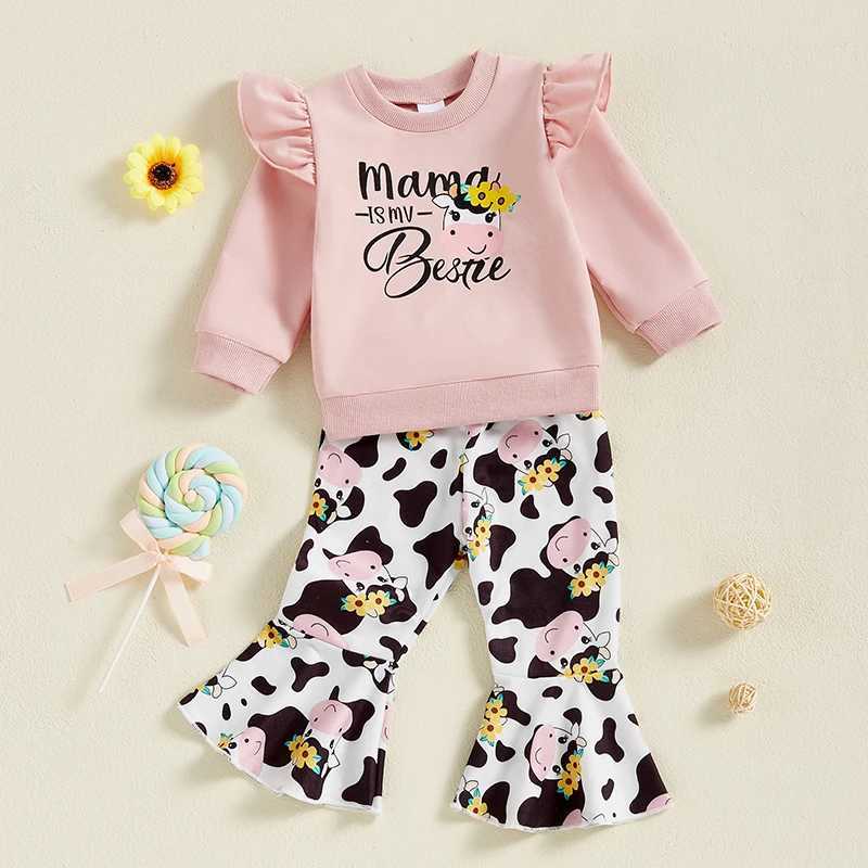 Clothing Sets 1-4Years Kids Baby Girl Cow Outfits Lovely Letter Print Ruffle Long Sleeve Sweatshirt and Cow Print Flare Pants 2 Pcs Sets H241126
