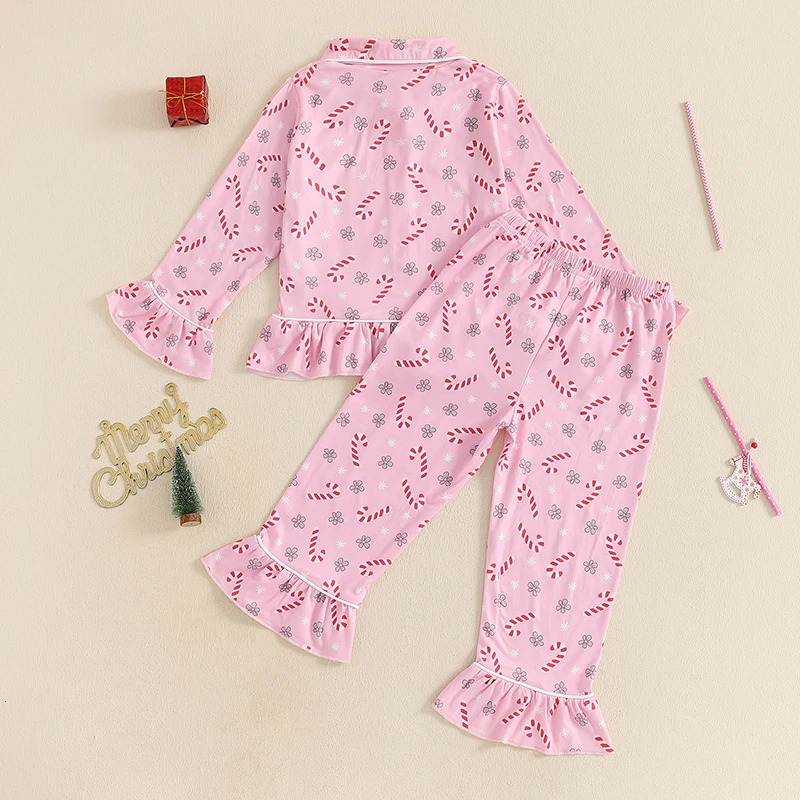 Children Kids Baby Girls Christmas Pajamas Sets TreeCandy CaneBow Print Shirts Tops Long Pants 2 Pieces Lounge Suit Sleepwear 241126