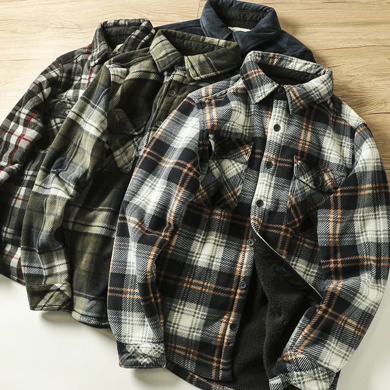 Mens winter warm long sleeved shirt jacket wool plain flannel shirt outdoor casual jacket hiking fishing shirt 241126