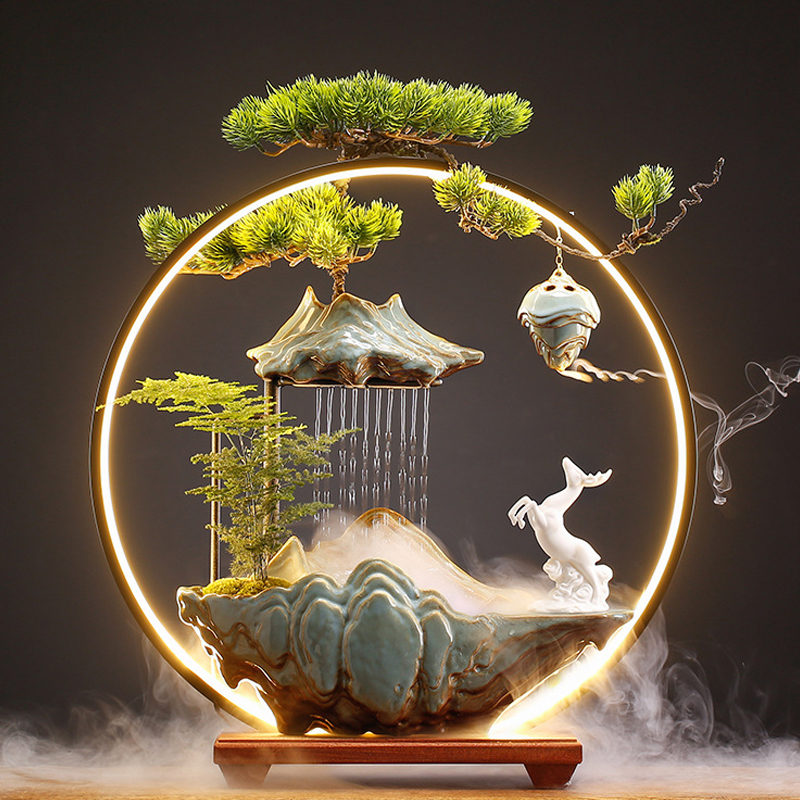 50cm Waterfall Fountain Tank with Light and Pump Fogger Waterfall Incense Burner Zen Decor for Home Office Bedroom Living Room