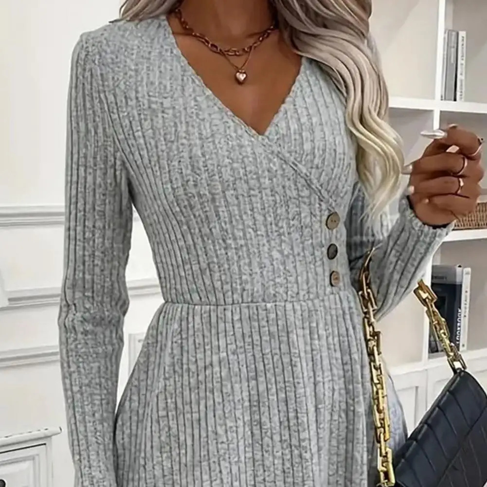 Autumn Winter Sweater Dress V Neck Aline Knitted Long Sleeves Big Hem Midi 241112