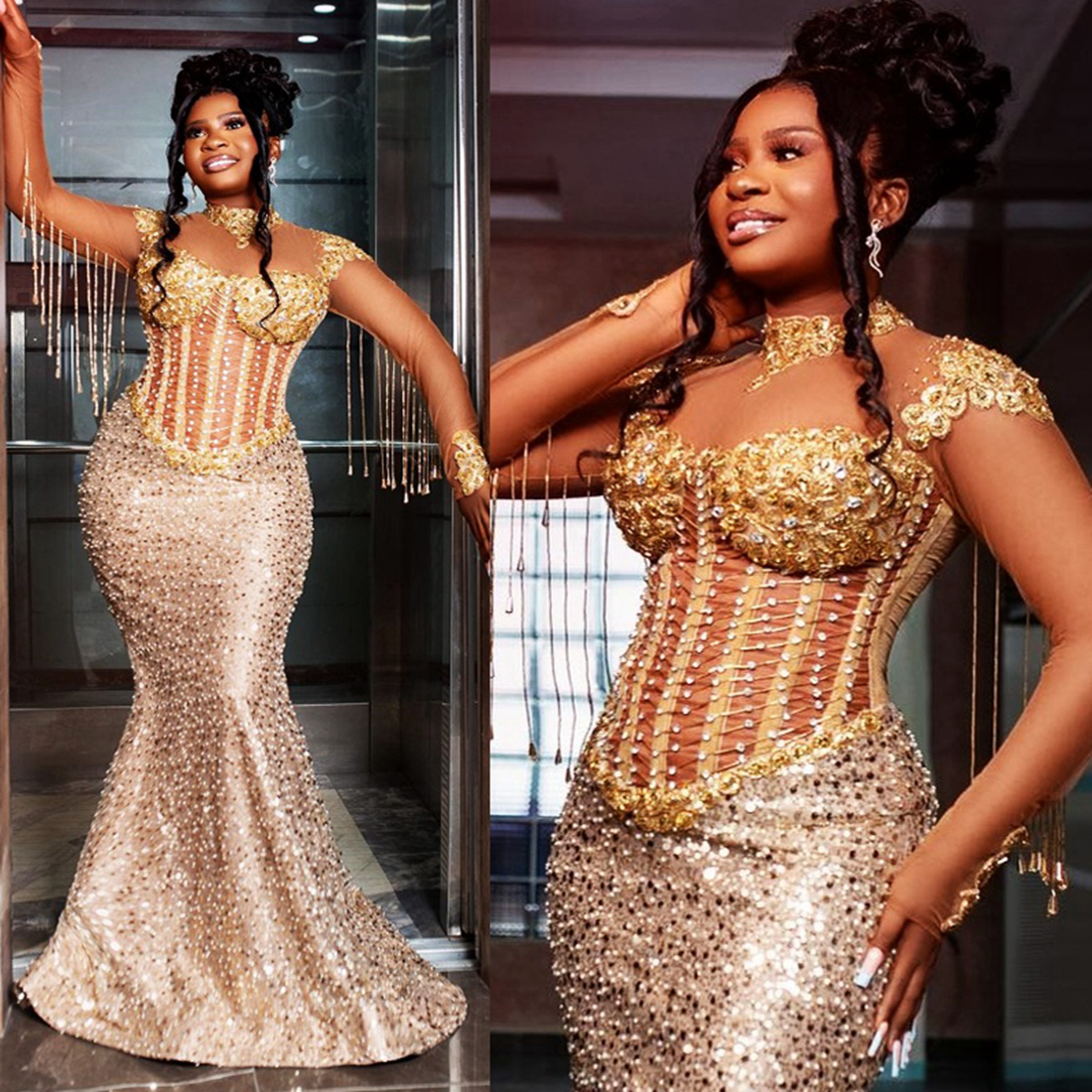 2024 Luxury Gold Prom Dresses for Black Women Promdress Illusion Sheer Neck Long Sleeves Beading Tassel Sequined Lace Birthday Dress Second Reception 