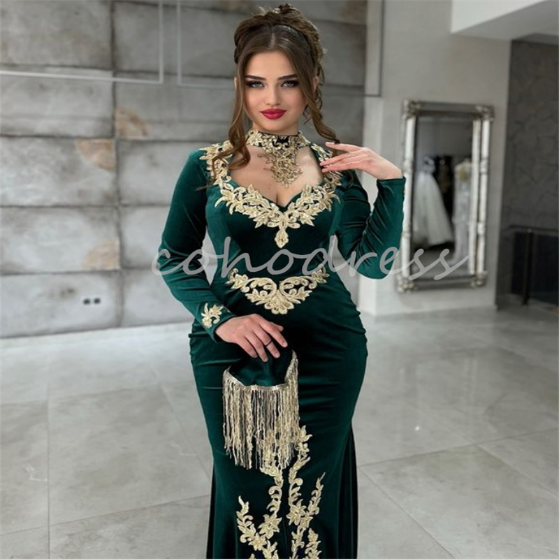 Moroccan Black Evening Dress With Gold Appliques Mermaid Long Sleeve Kosovo Arabic Prom Dress Slit Plus Size Birthday Customized Robe De Mariee Formal