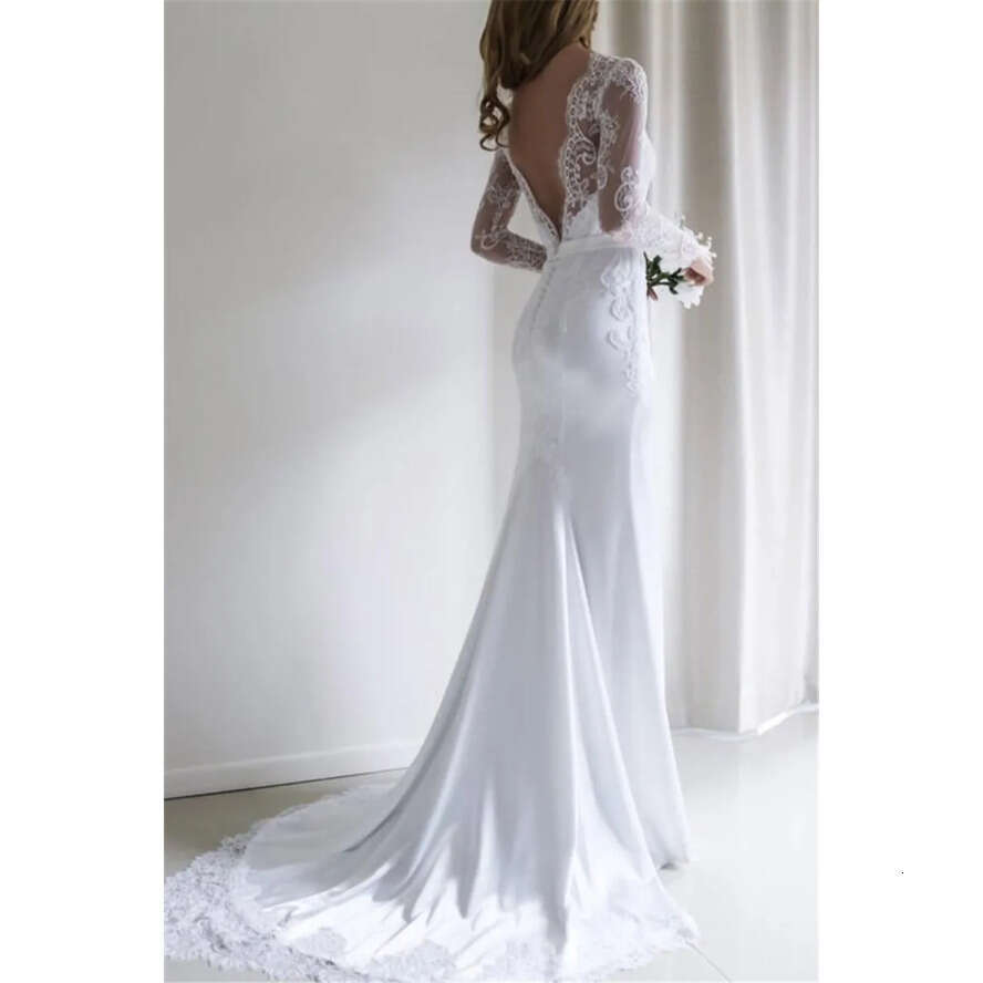 White Lace Mermaid Dresses 2020 Sheer Long Sleeves Satin Appliques Backless Vestido De Novia Plus Size Wedding Bridal Gowns