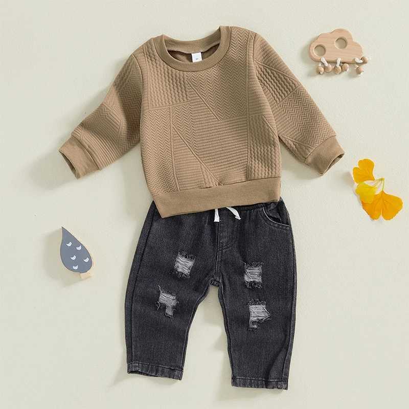 Clothing Sets Toddler Boy Winter Outfits Warm Fleece Hoodie Distressed Jeans Set Kids Clothing for Cold Weather Style H241126