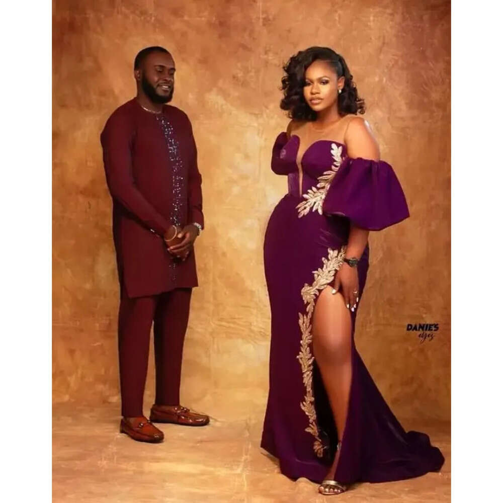 Arabic Aso Size Ebi Plus Purple Mermaid Sexy Prom Dresses Lace High Split Sheer Neck Evening Formal Party Second Reception Gowns