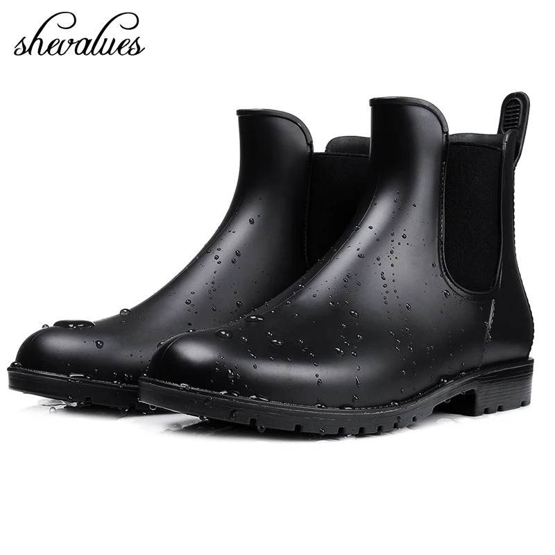 Shevalues Womens Chelsea Rain Boots Shiny Ankle Boots Waterproof Upper Elastic Strap Low Bottom Fashionable Non slip Womens Boots 241126