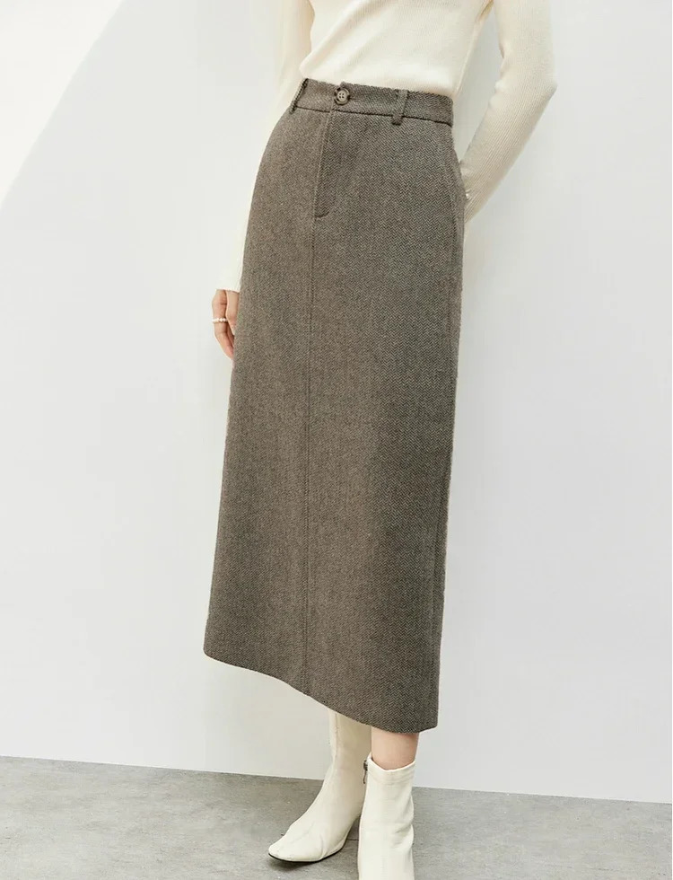 SENTUBILA Straight Wool Skirt Women Winter Retro Elegant Coarse Hemp High Waist Seam Bottom Temperature Long Skirts 144Q56942 241125