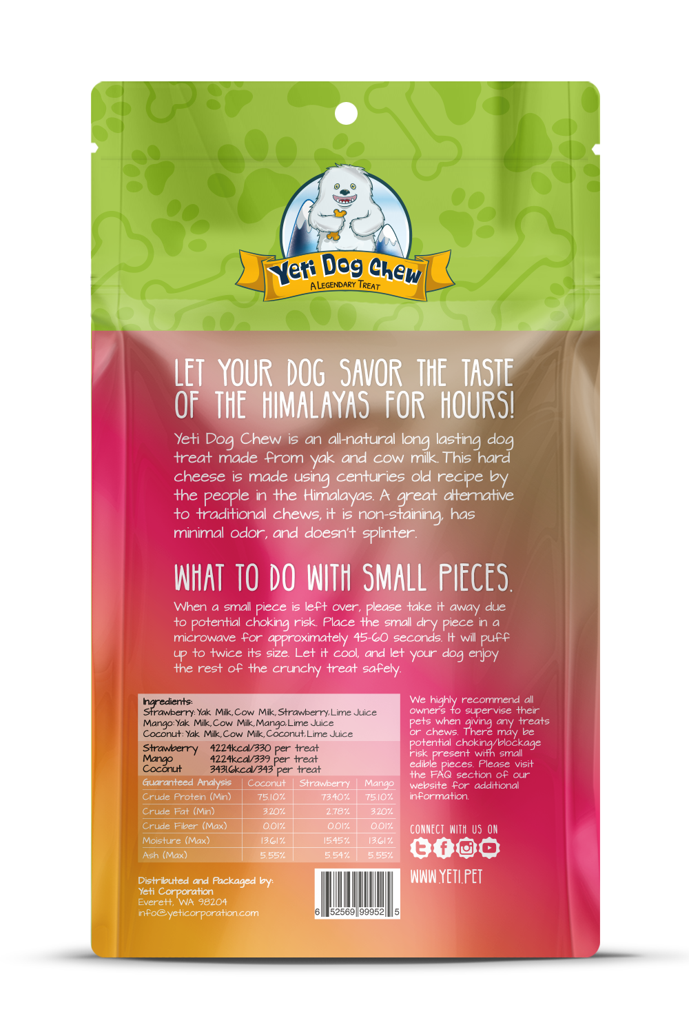 Yeti All-Natural Fruit Chews Variety Pack 10.5oz Protein-Rich Chew for Large Dogs Case of 25-1 Coconut 1 Mango 1 Strawberry