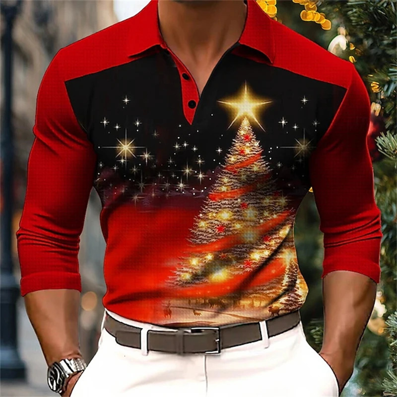 Santa Claus 3d Printed Mens Long Sleeve Polo Shirt Casual Mens Fashion Christmas Golf Shirt Autumn Holiday Party Men Clothing 241126