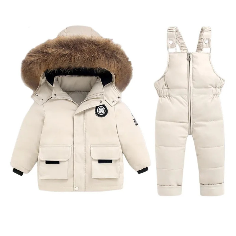 Snow Winter Warm 2 3 4 5 6 Year Children Baby Thicken Fur Hooded JacketOveralls Suit 2Pcs Duck Down Set for Kids Girls Boys 241126