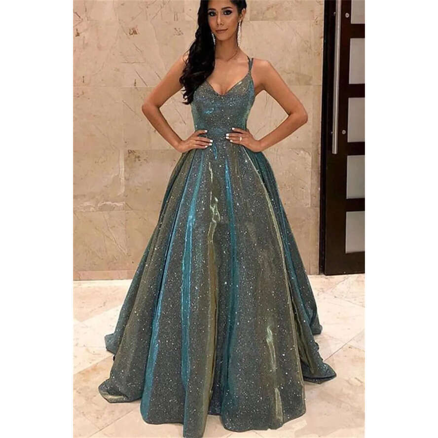Sequins Shiny Lace Long Prom Dresses Spaghetti Strap Cross Back A E Formal Evening Party Gowns Vestido De Fiesta Vening