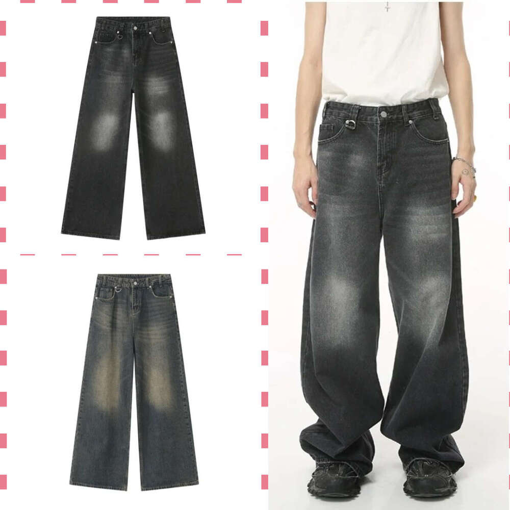 Rindu Streetwear Vintage Y2k Men's Jeans Black Baggy Trousers New Wide Leg Denim Hip Hop Haruku Distressed Straight Pants