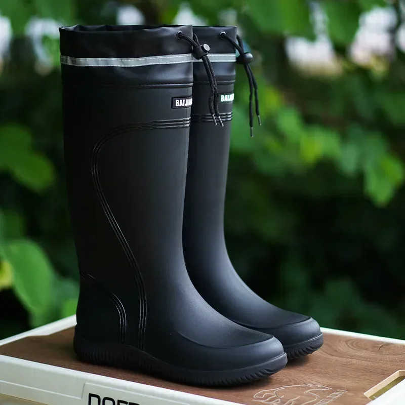 Mens rain boots long tube waterproof shoes anti slip safety work shoes black platform cotton high top jacket 241126