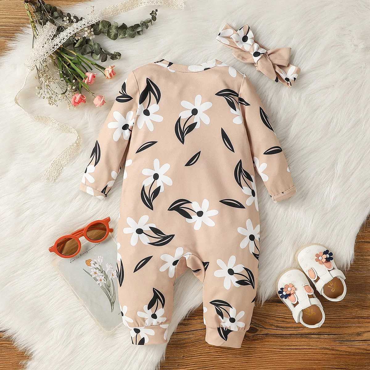 Clothing Sets 3-24M baby girl Fall simple and casual printing Flower Dressy jumpsuits zipper +Headband H241126