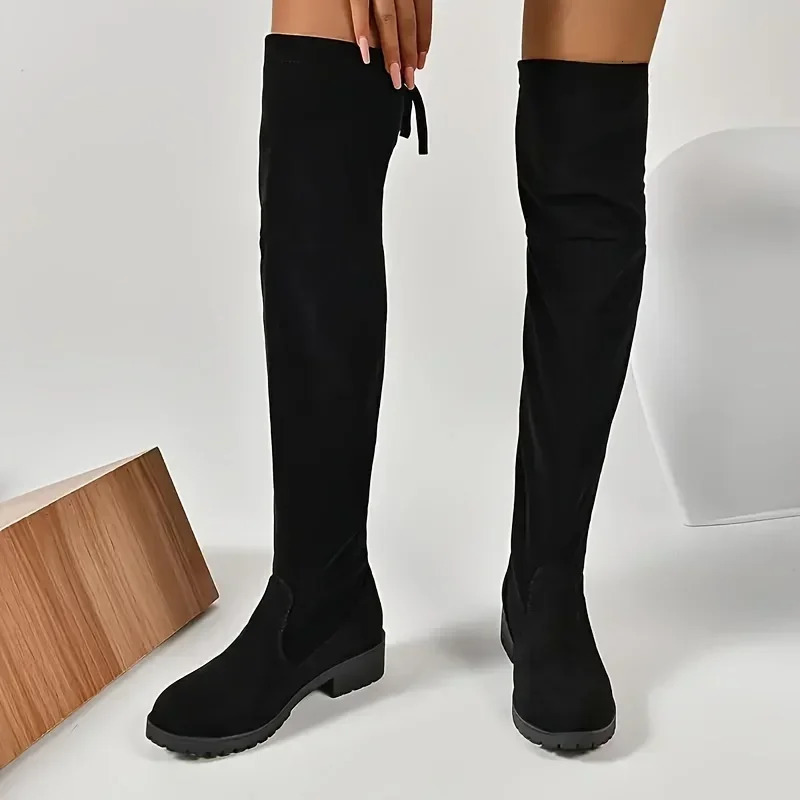Faux Suede Female Heels Autumn Zipper Elastic Knee-high Boots for Women Tube Lace-up Thigh Gigh Boots Black Botas Mujer 241114