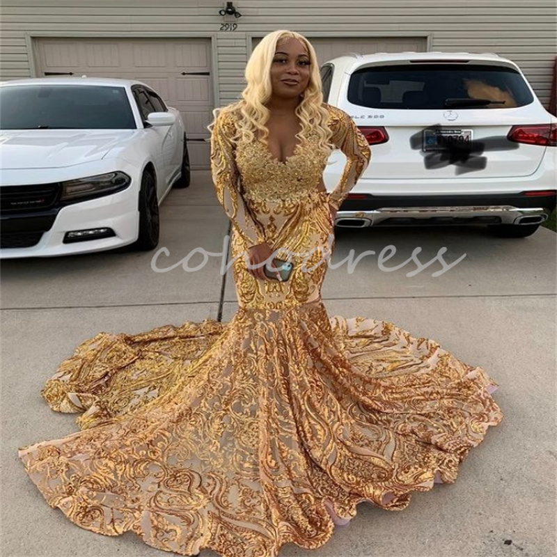 Sparkly Gold Sequin Prom Dress Plus Size Black Women Mermaid Evening Gowns Long Sleeve Appliques Lace Birthday Formal Customized Special Occasion Part