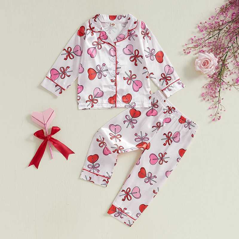 Clothing Sets Kids Girls Valentines Day Printed Pajamas Set Sweet Heart Print Long Sleeve Tops and Elastic Band Pants 2Piece Child Loungewear H241126