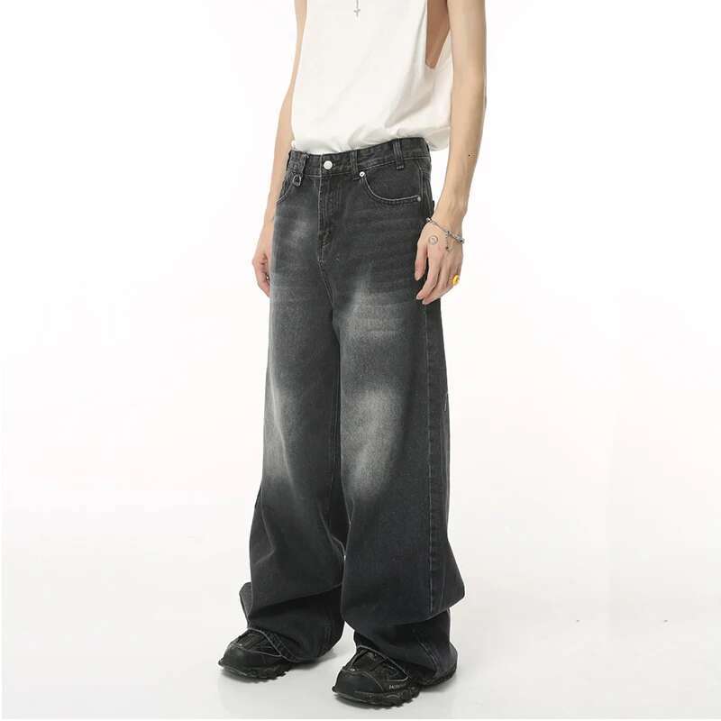 Rindu Streetwear Vintage Y2k Men's Jeans Black Baggy Trousers New Wide Leg Denim Hip Hop Haruku Distressed Straight Pants