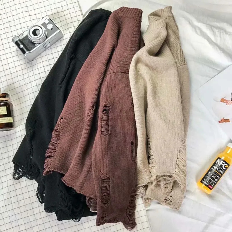 Lazy Streetwear mens style O-neck knitted cardigan sweater retro couple loose pull mens knitted hole sweater E91 241126
