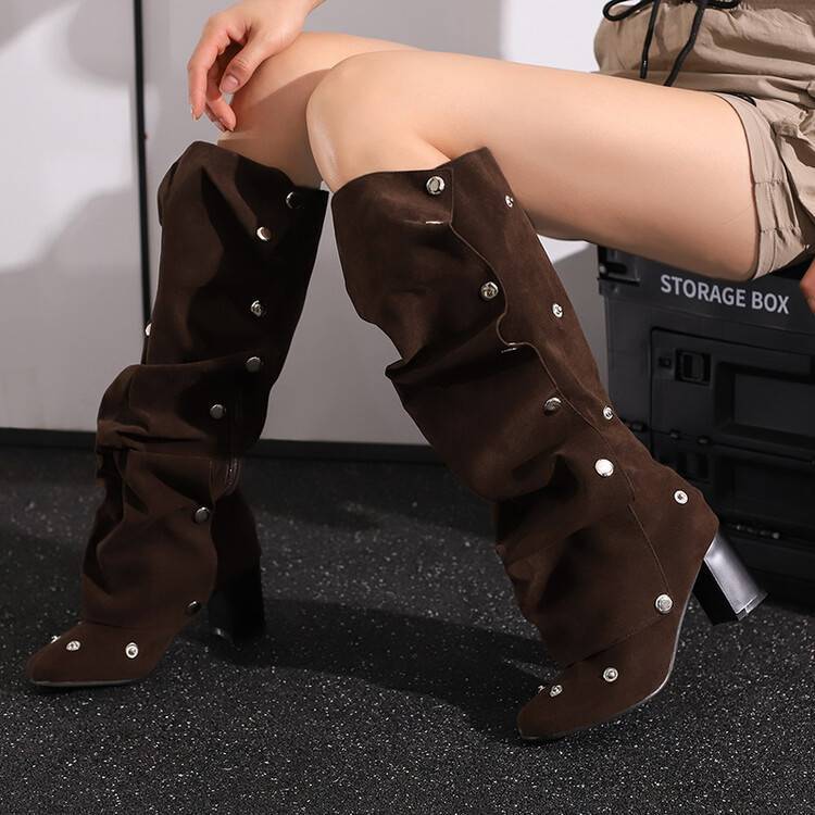 Knee Women's High Boots Sexy Pleated Autumn Winter Black Blue Jeans Heeled Long Boot Ladies Shoes Large Size 45 New Trends 666e