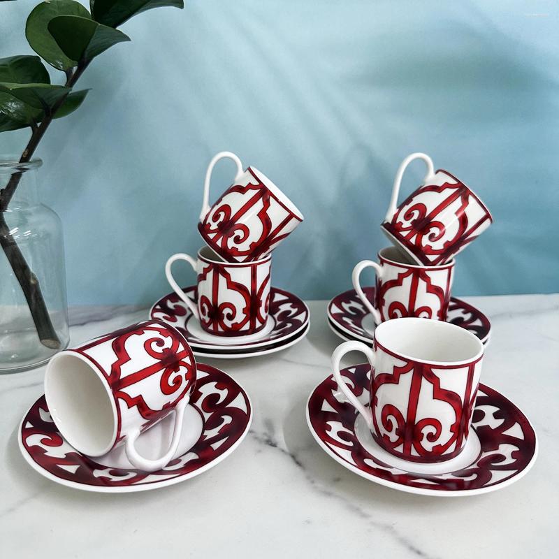 Cups Saucers 6 Pcs Set Chinese Red Top Grade Ceramic Espresso Coffee Cup Tea Milk Drinking With Handle Mug For Office Novelty Z250314