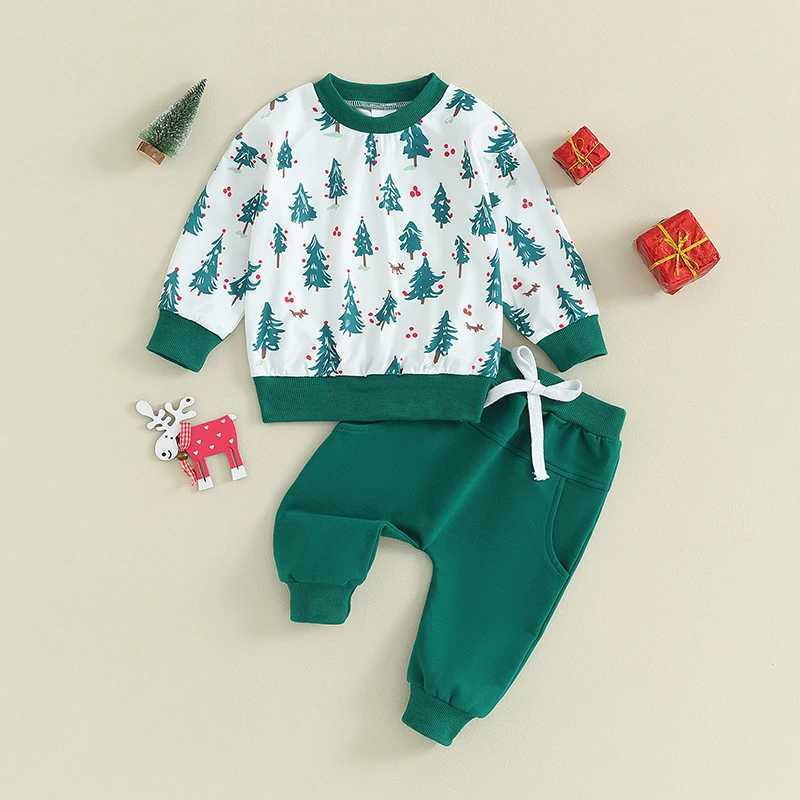Clothing Sets Kids Christmas Pajamas Set Toddler Boys Girls Xmas Tree Print Long Sleeve Tops and Solid Color Pants 2Pcs Outfits for Winter H241126