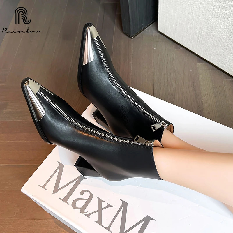 RAINBOW Size 34-39 Women Genuine Leather Ankle Chunky High Heel Pointed Toe Shoes Autumn Black Winter Boots Sexy Zippers