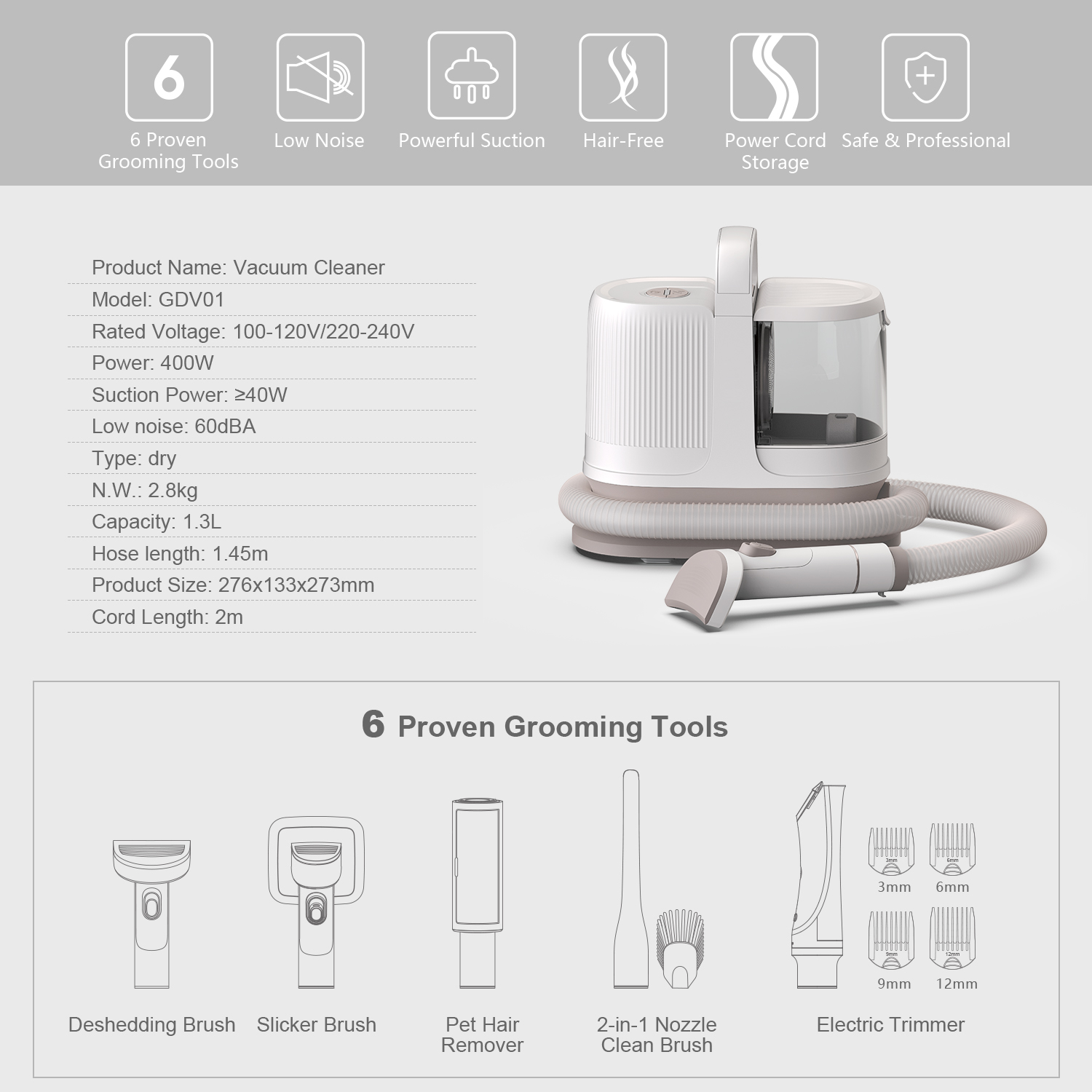 6 in 1Pet Brush Hair Remover Vacuum Brush Pet Hair Grooming Vacuum Cleaner For Pets Dogs Cats