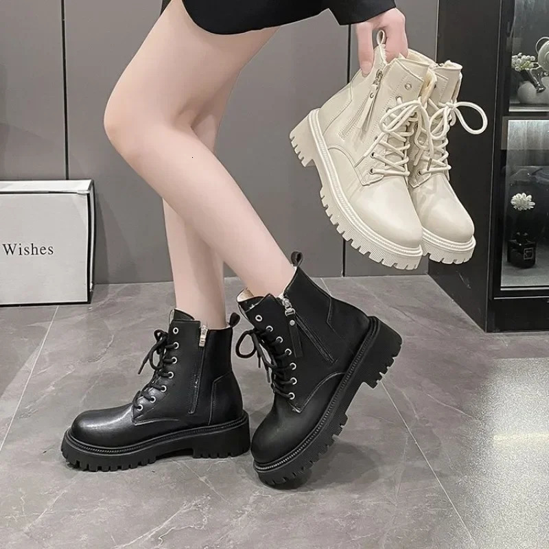 Korean Fashion Casual Knight Autumn Biker Boot Platform Short Thick Bottom Black Ankle Boots Woman 241114