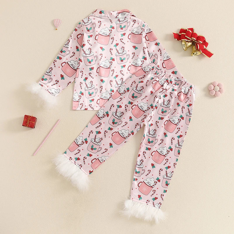 Satin Christmas Pajamas for Girls Cup Milk Christmas Silk Pajamas 2PC Button-Up Pjs Feather Sleeve Kids Xmas Pajamas Set 241126
