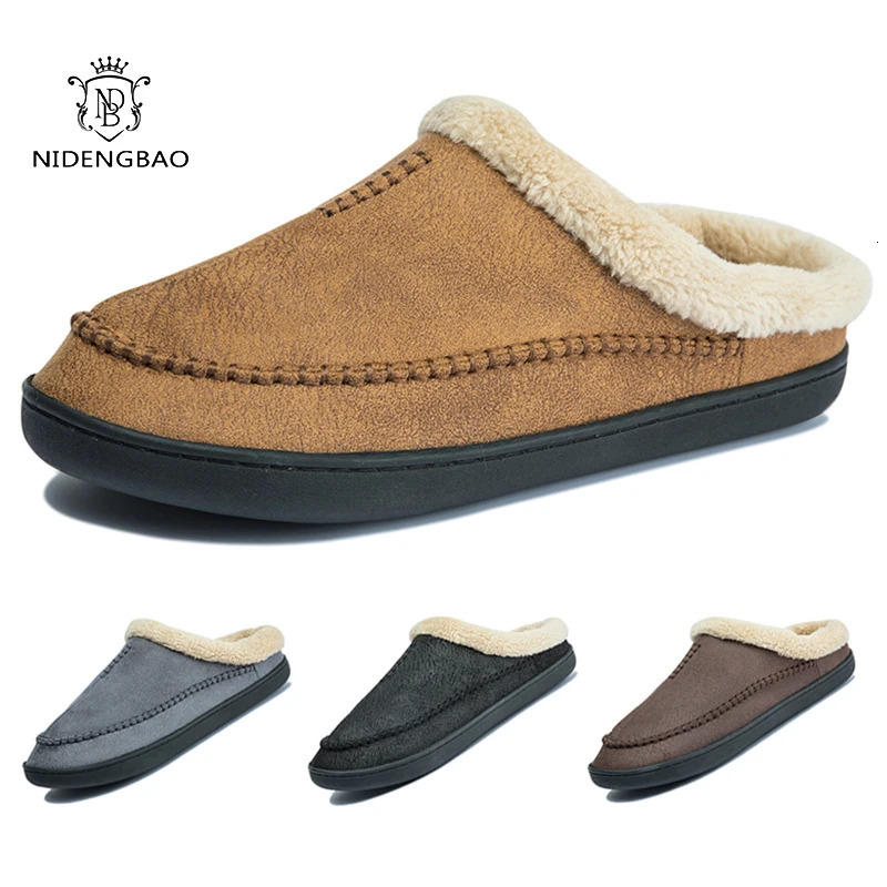 Mens Slippers Home Winter Indoor Plush Warm Shoes Thick Bottom Plush Waterproof Leather House Slippers Man Suede Cotton Shoes 241126