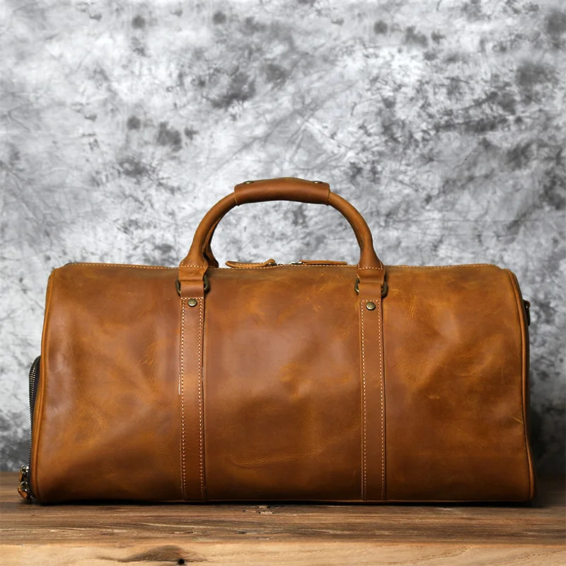 NZPJ mens vintage leather travel bag one layer denim large capacity travel bag business travel handbag shoulder messenger bag 241125