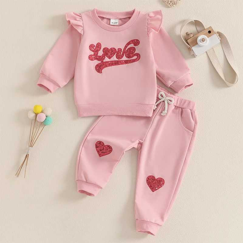 Clothing Sets 0-3Years Kids Baby Girl 2Pieces Activewear Outfits Letter Heart Sequin Print Long Flying Sleeve Sweatshirt with Bow Tie Pants H241126