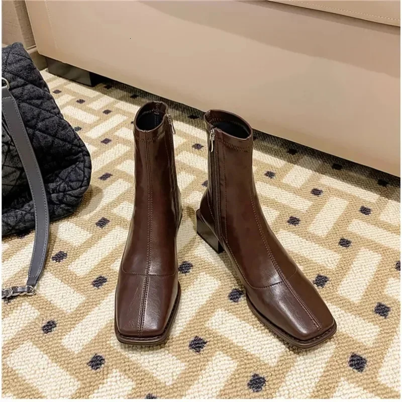 Square Toe Ankle Women Boot High Quality Soft Leather Short Boot Zipper Low Heel Chelsea Shoes Zapatos Muje 241114